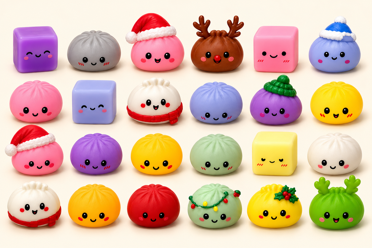 A colorful grid of the Christmas dumpling squishy characters